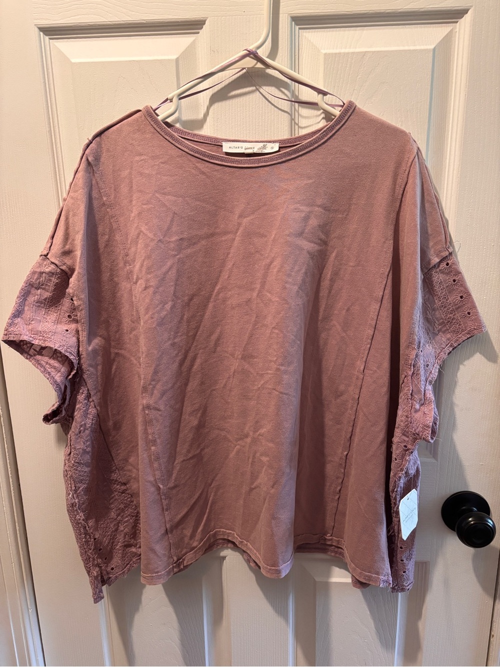 Altar'd State Mauve Lace-Inset Short Sleeve Tee